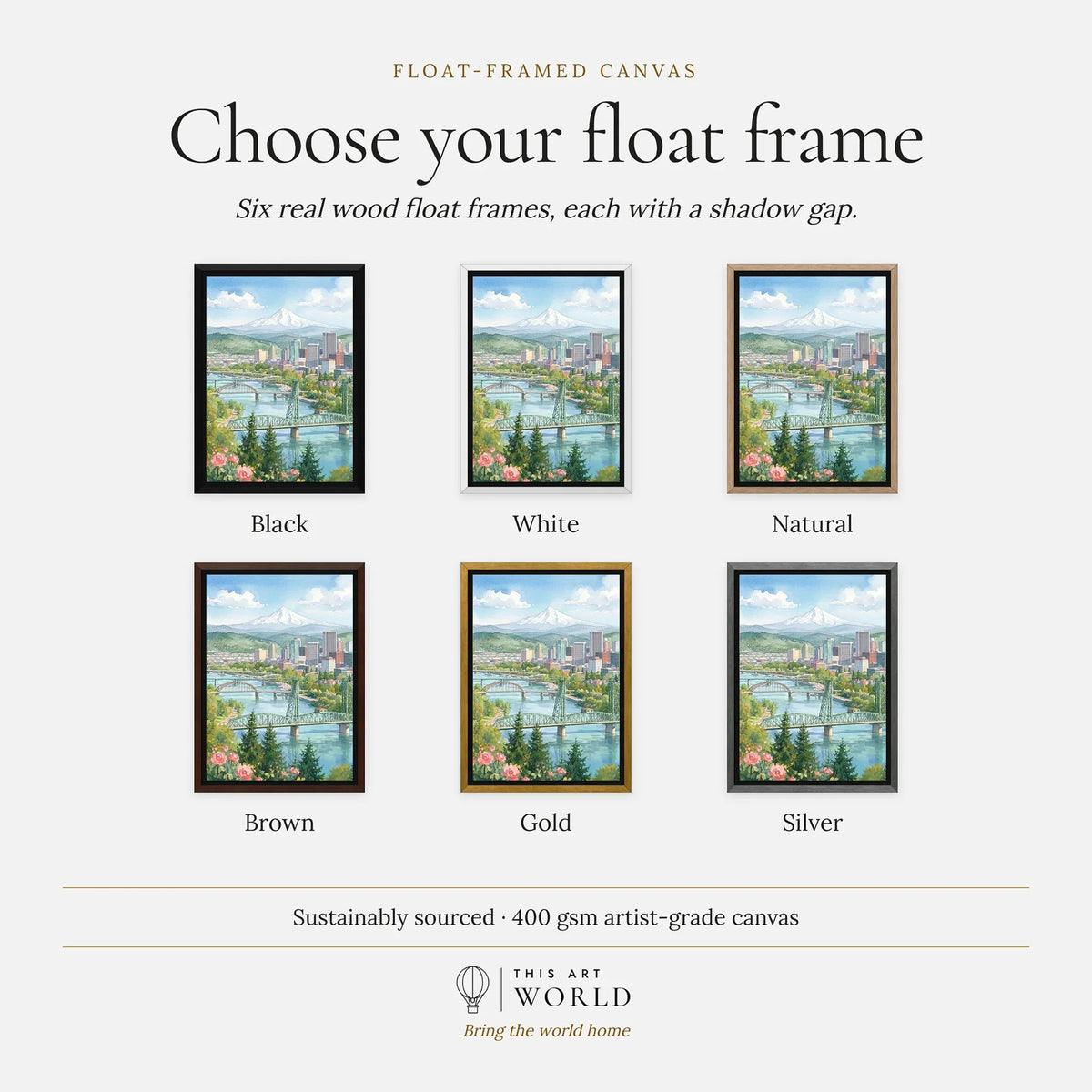 Portland Mount Hood and Willamette bridges watercolour art print, float frame colour options for the framed canvas