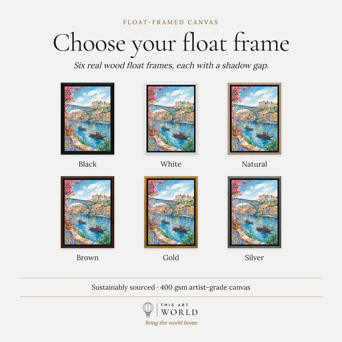 Porto Dom Luís I Bridge and rabelo boats watercolour art print, float frame colour options for the framed canvas
