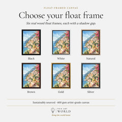 Positano cliffside village and church dome watercolour art print, float frame colour options for the framed canvas