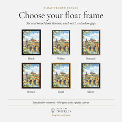 Prague Charles Bridge and Prague Castle watercolour art print, float frame colour options for the framed canvas