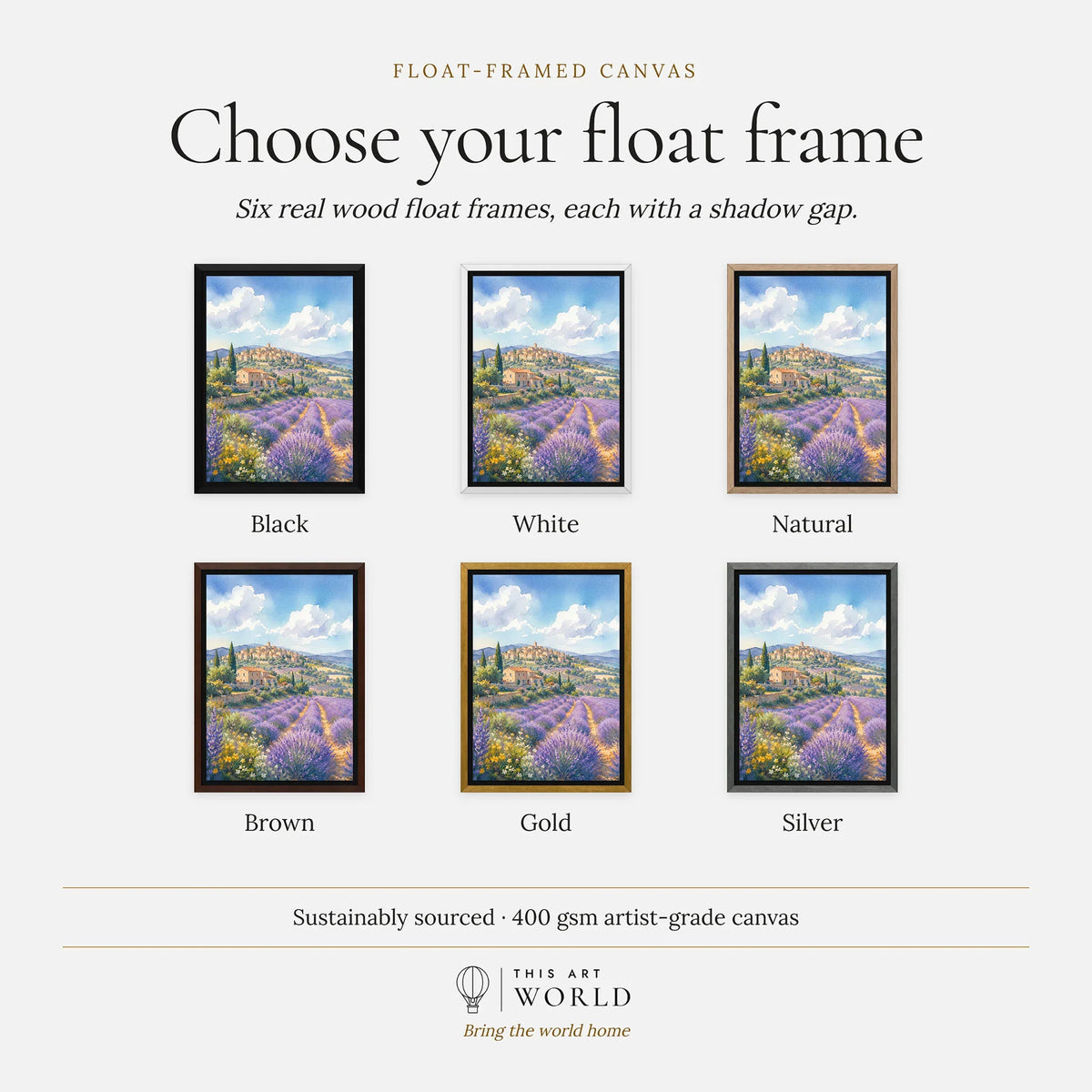 Provence lavender fields and hilltop village watercolour art print, float frame colour options for the framed canvas