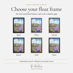 Provence lavender fields and hilltop village watercolour art print, float frame colour options for the framed canvas