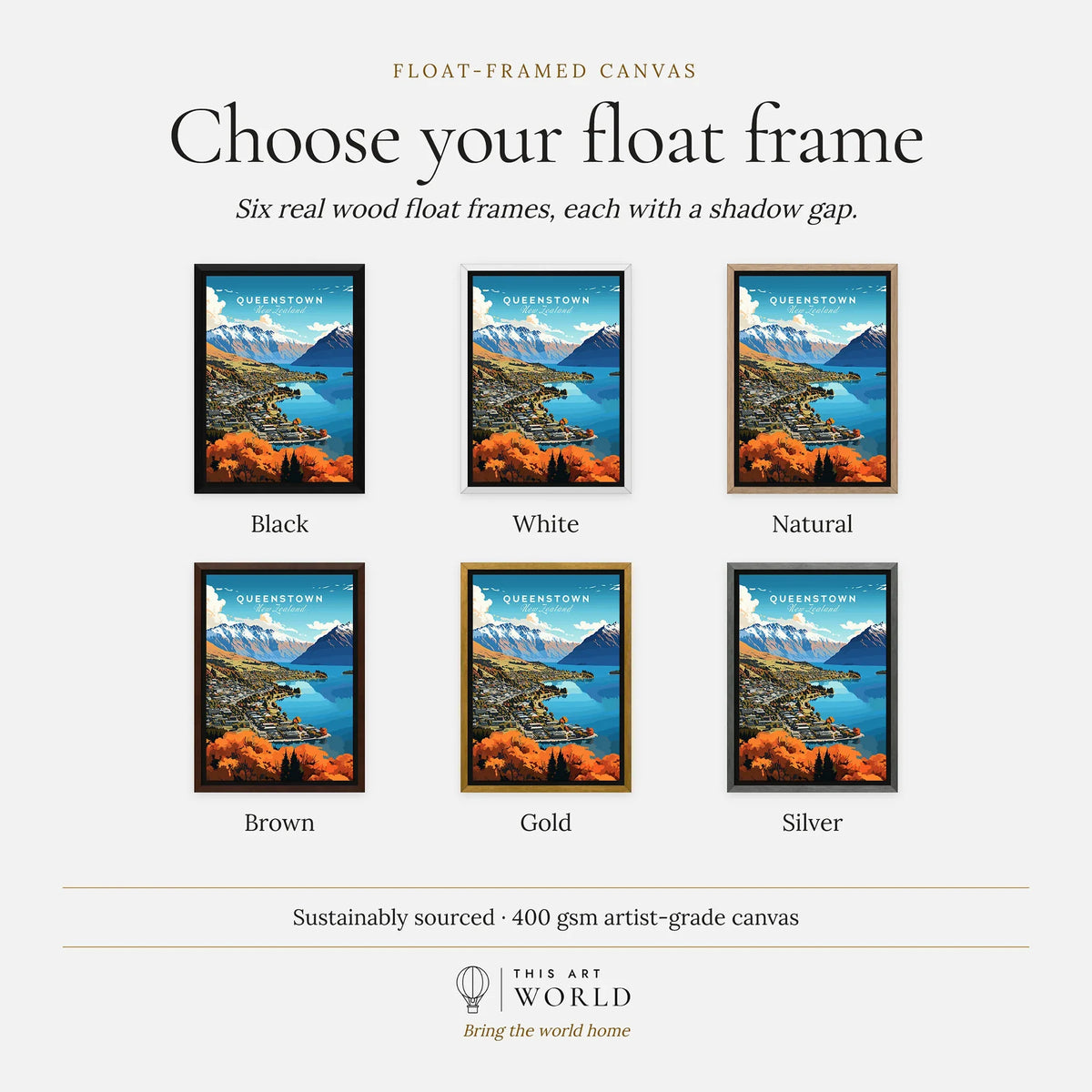 Queenstown New Zealand Lake Wakatipu in autumn vintage travel poster, float frame colour options for the framed canvas
