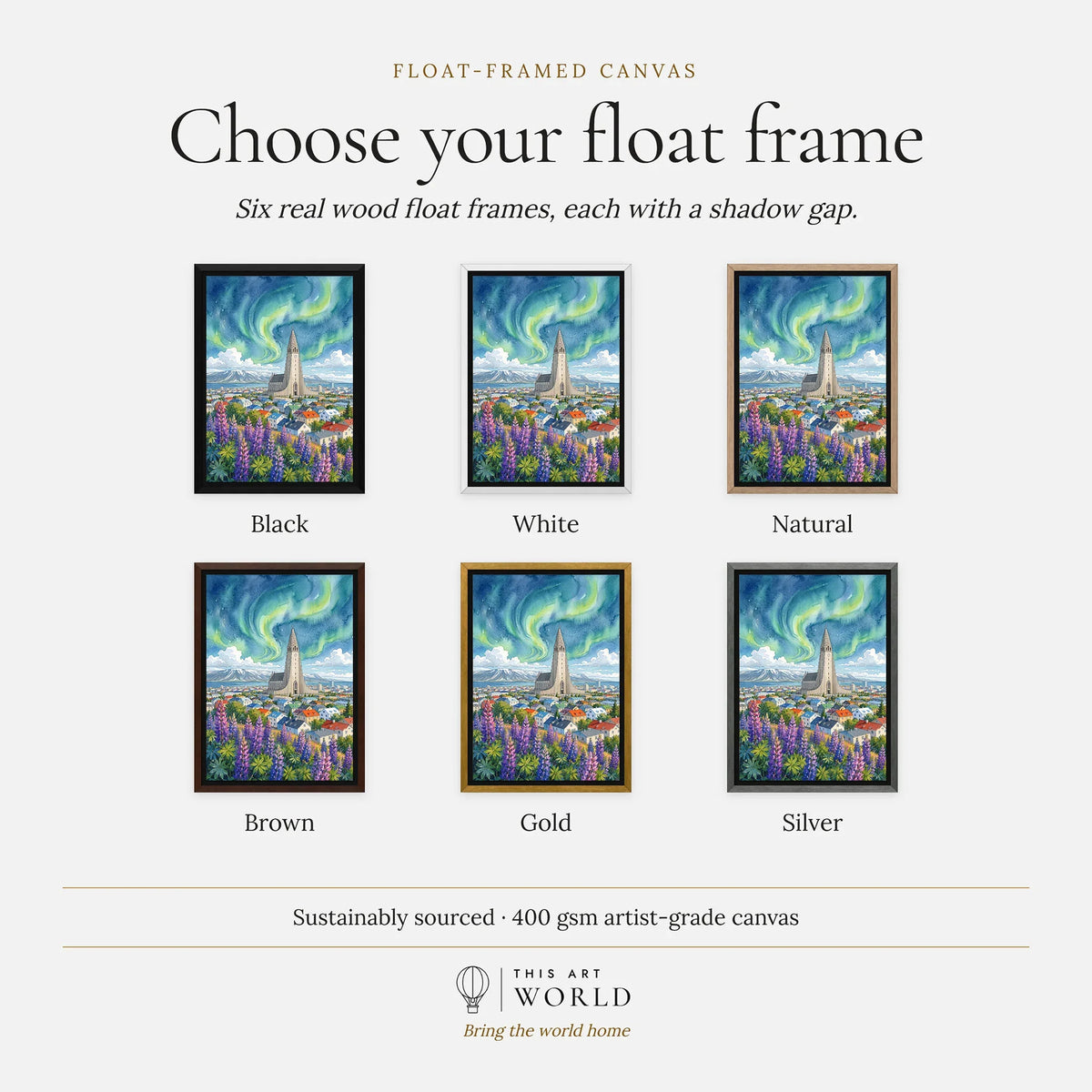 Reykjavik Hallgrímskirkja and northern lights watercolour art print, float frame colour options for the framed canvas