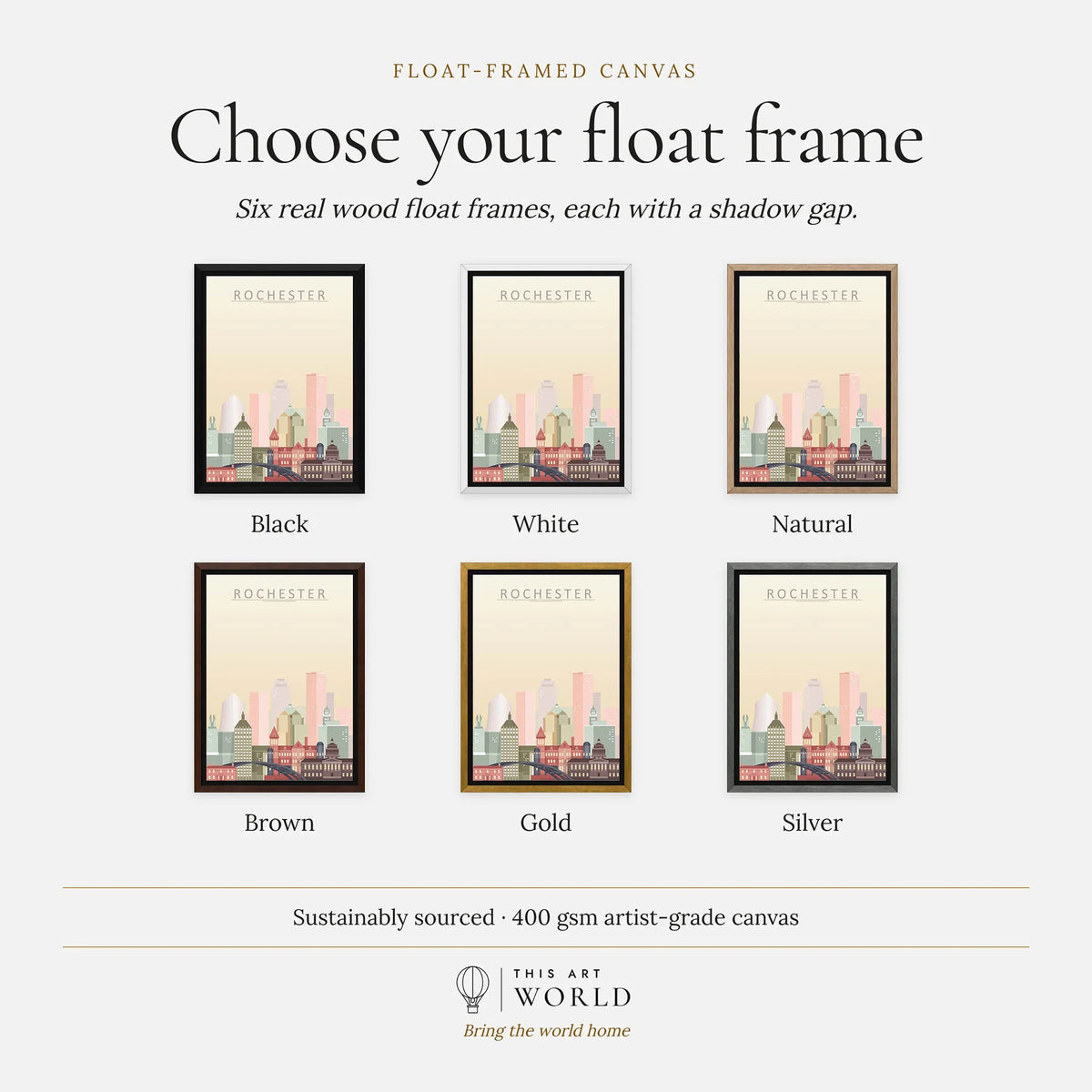 Rochester city skyline art print, float frame colour options for the framed canvas