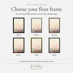 Rochester city skyline art print, float frame colour options for the framed canvas