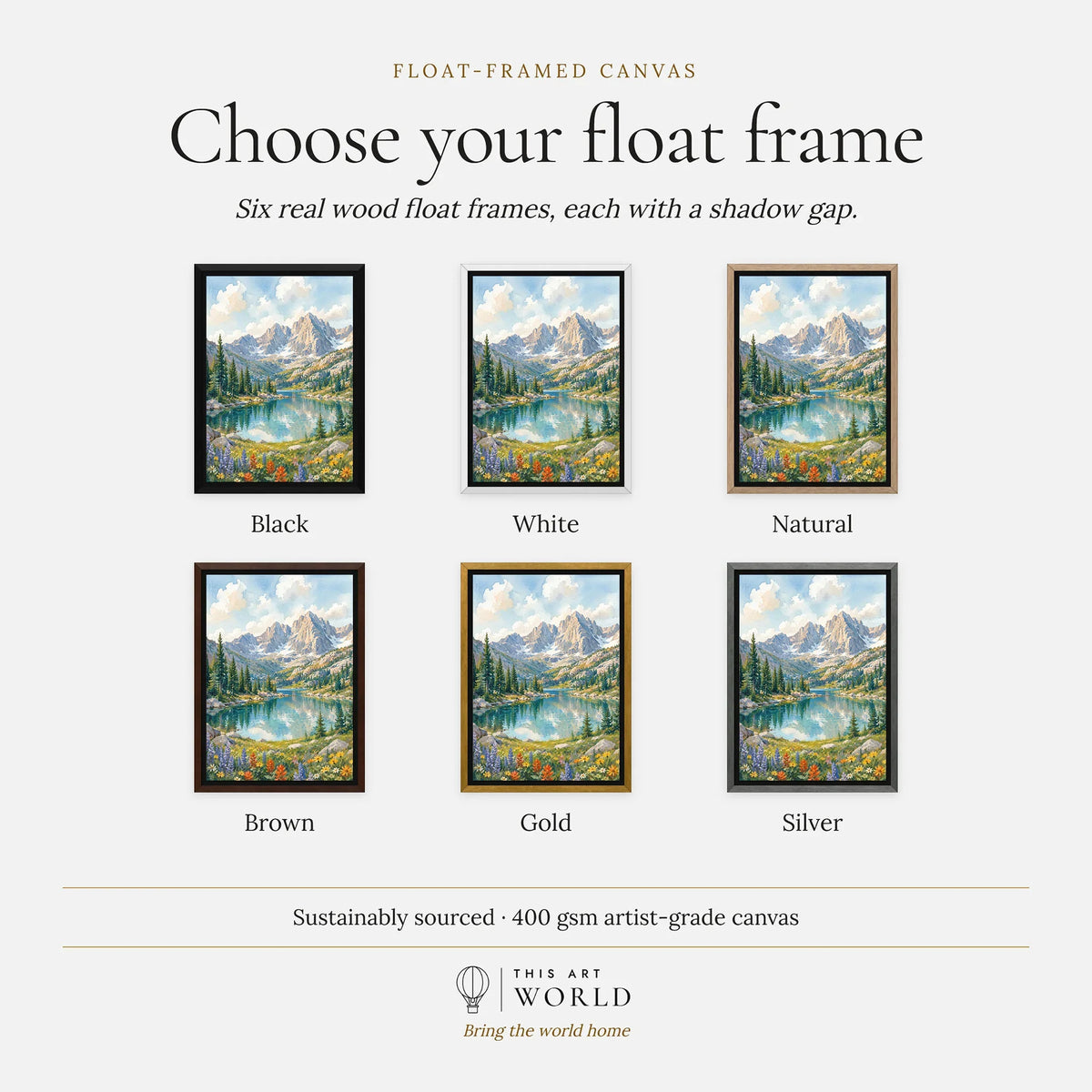 Rocky Mountain alpine lake below rugged peaks watercolour art print, float frame colour options for the framed canvas