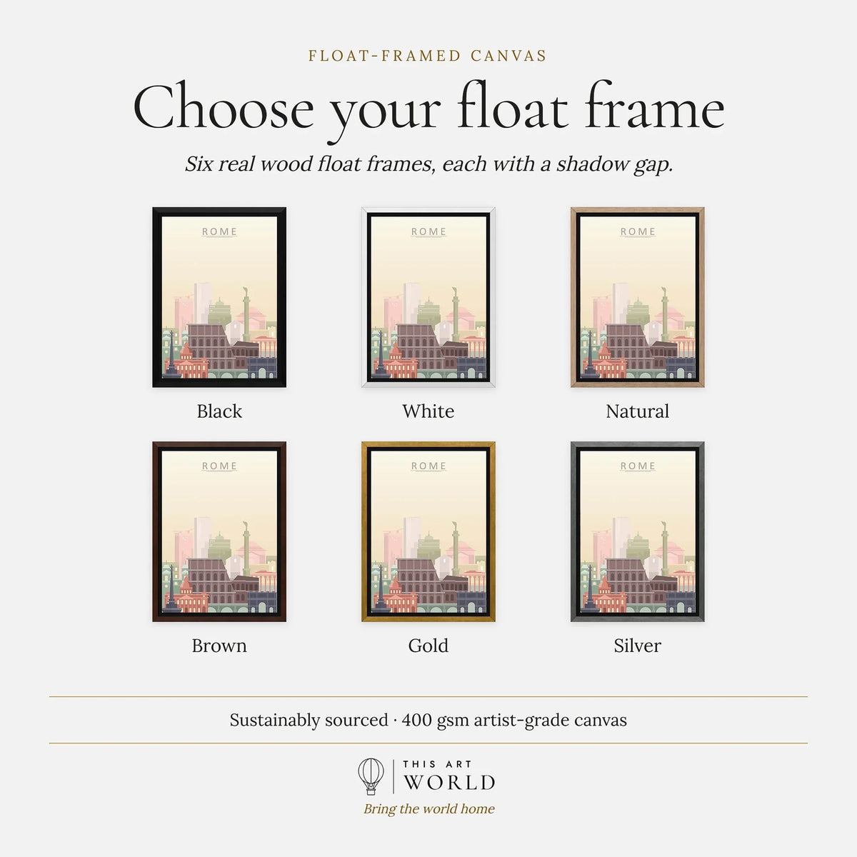 Rome city skyline art print, float frame colour options for the framed canvas