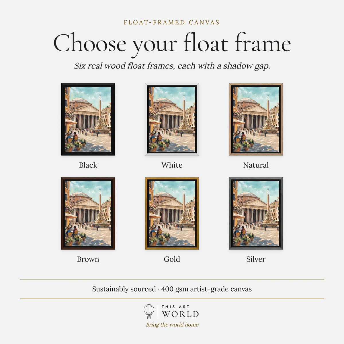 Rome Pantheon and piazza fountain watercolour art print, float frame colour options for the framed canvas