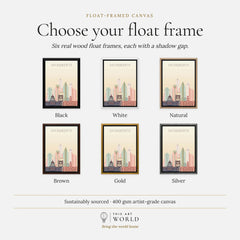 Sacramento city skyline art print, float frame colour options for the framed canvas