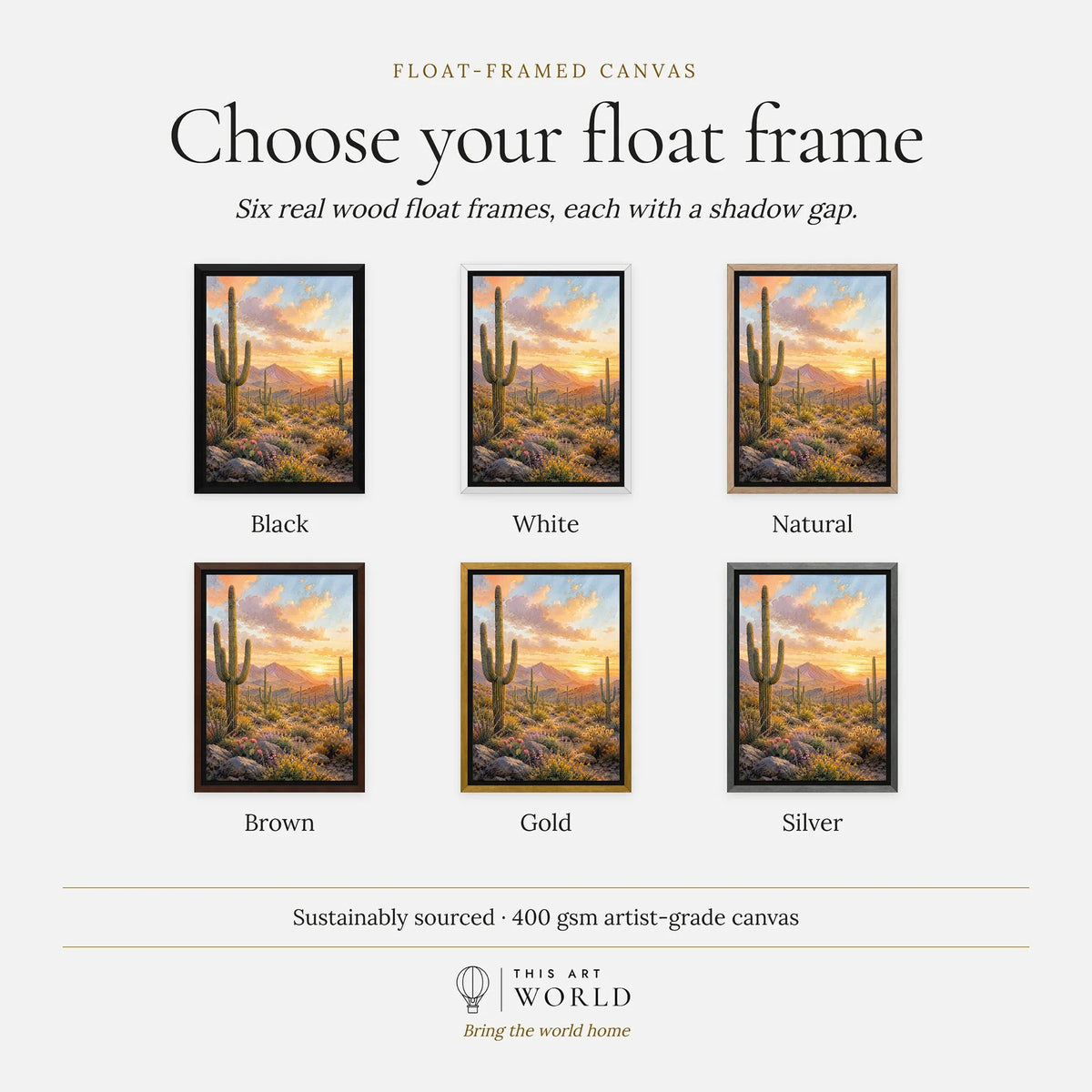 Saguaro National Park saguaro cacti at sunset watercolour art print, float frame colour options for the framed canvas