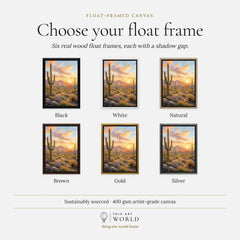 Saguaro National Park saguaro cacti at sunset watercolour art print, float frame colour options for the framed canvas