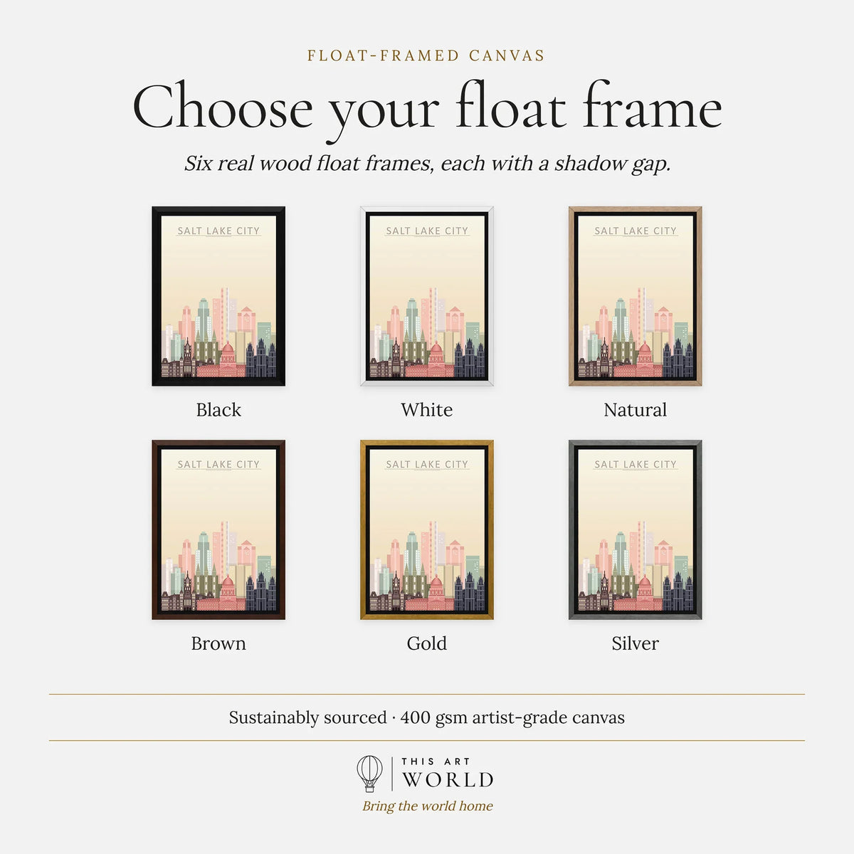 Salt Lake City city skyline art print, float frame colour options for the framed canvas