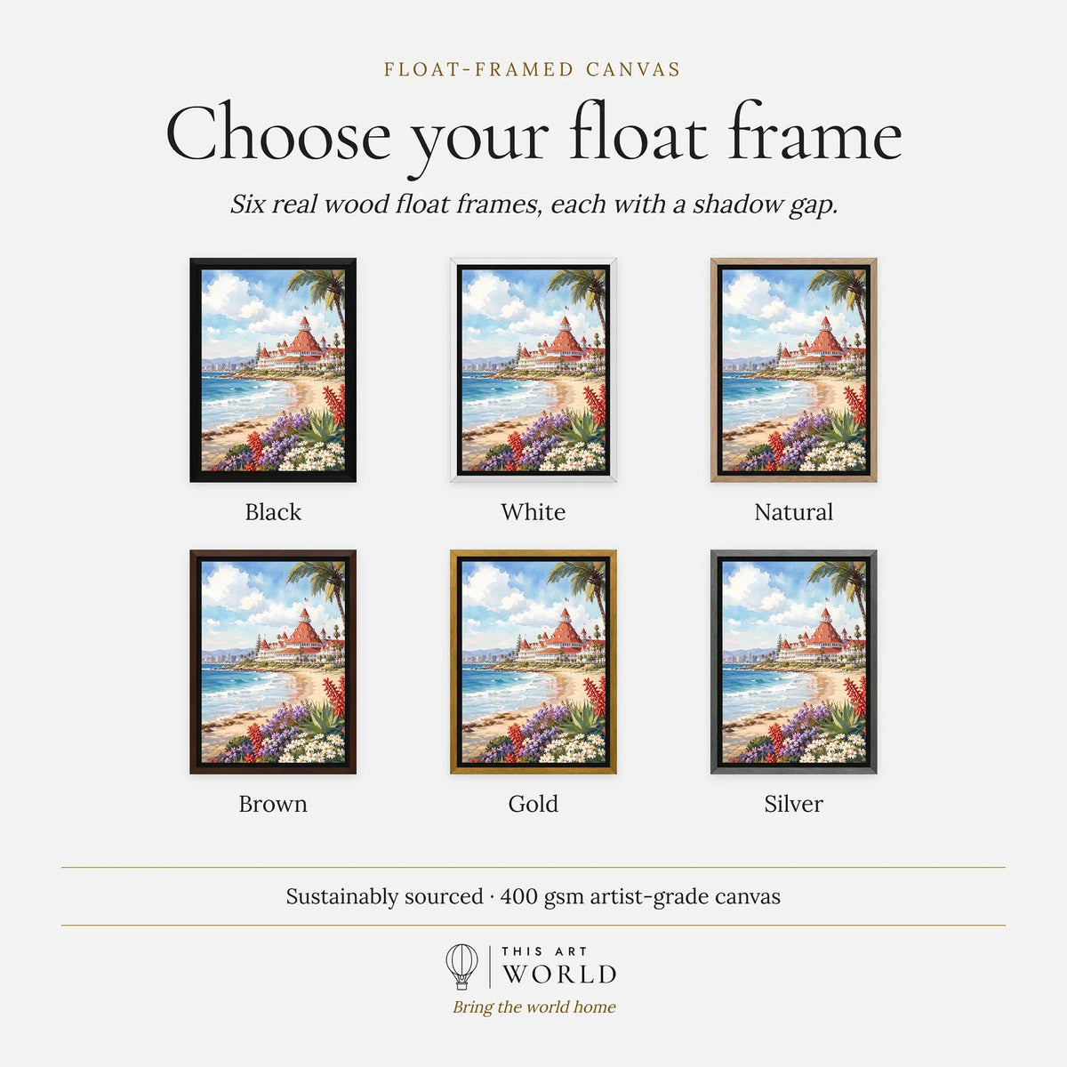 San Diego Hotel del Coronado and beach watercolour art print, float frame colour options for the framed canvas