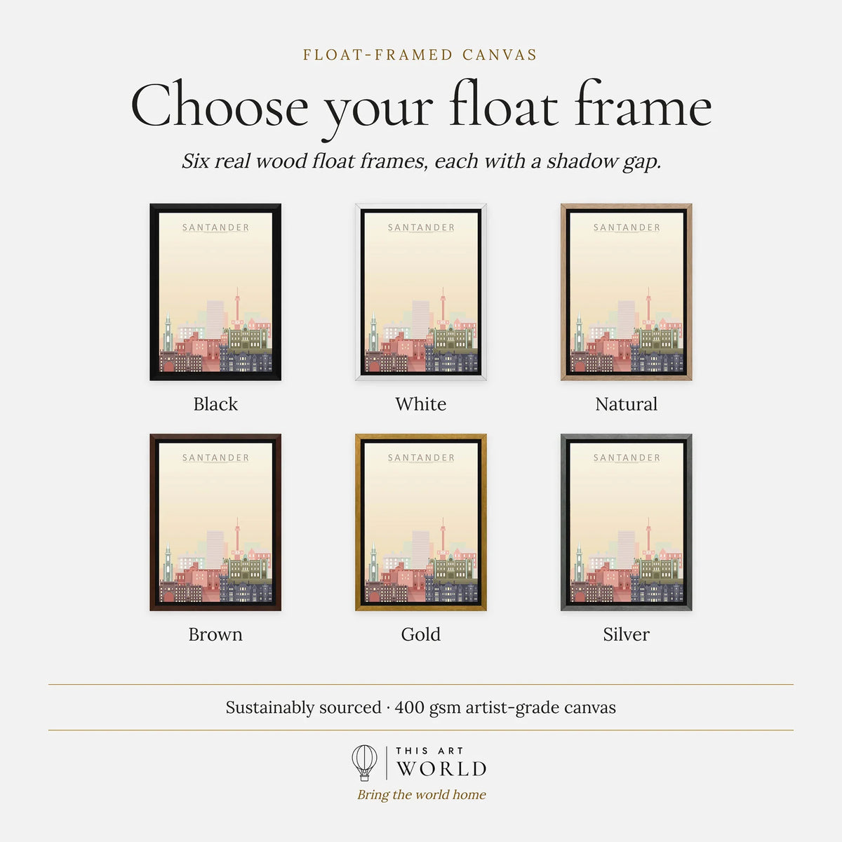 Santander city skyline art print, float frame colour options for the framed canvas