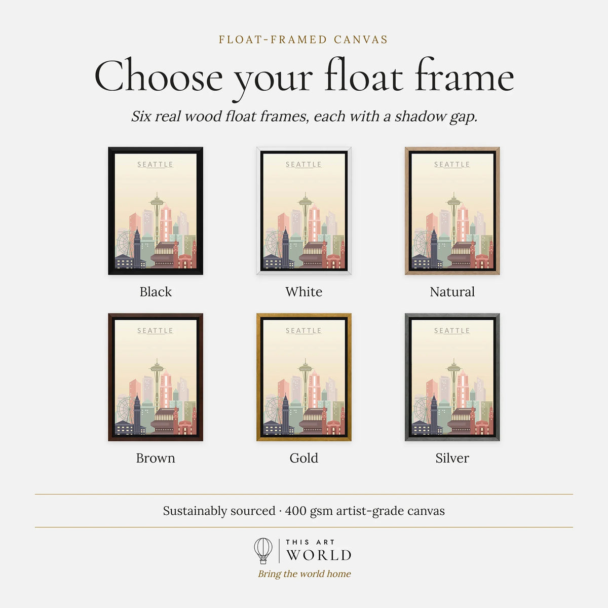 Seattle city skyline art print, float frame colour options for the framed canvas