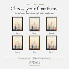 Seattle city skyline art print, float frame colour options for the framed canvas