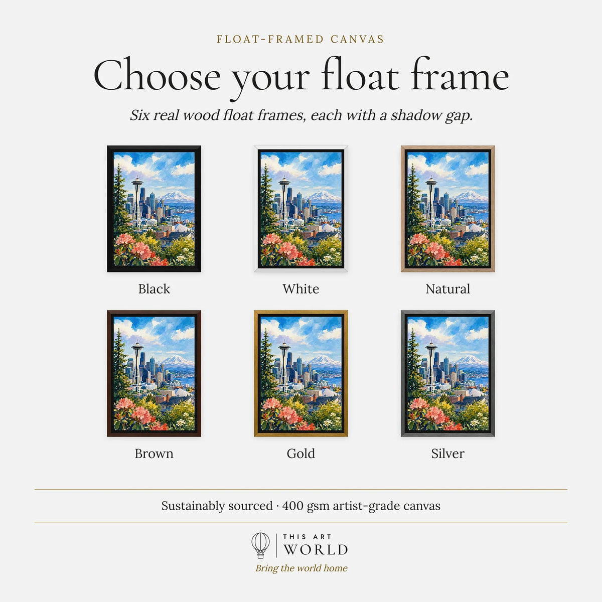 Seattle Space Needle and Mount Rainier watercolour art print, float frame colour options for the framed canvas