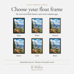 Seattle Space Needle and Mount Rainier watercolour art print, float frame colour options for the framed canvas
