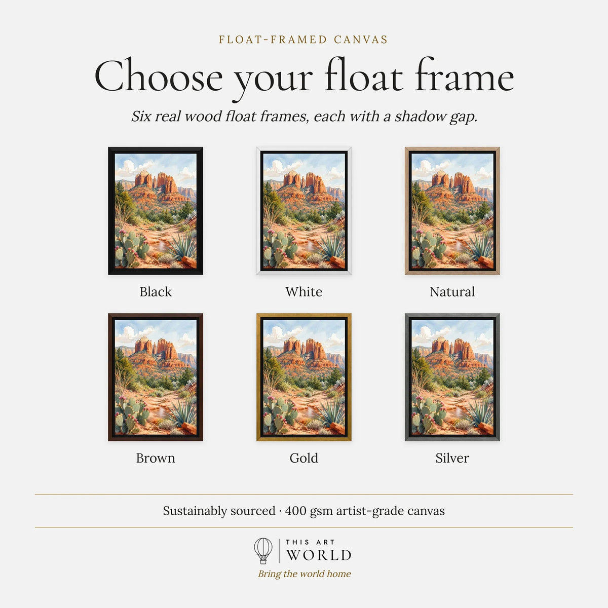 Sedona Cathedral Rock watercolour art print, float frame colour options for the framed canvas