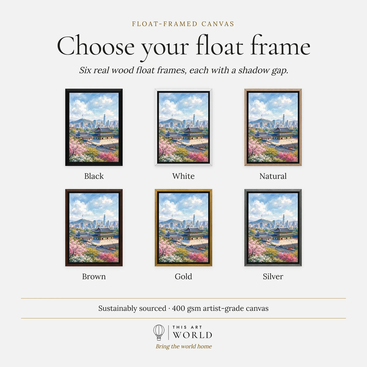 Seoul Gyeongbokgung Palace and skyline watercolour art print, float frame colour options for the framed canvas