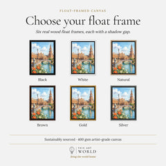Seville Plaza de España watercolour art print, float frame colour options for the framed canvas