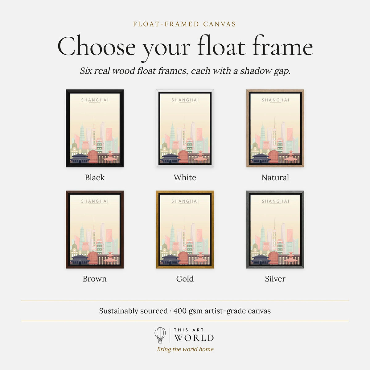 Shanghai city skyline art print, float frame colour options for the framed canvas
