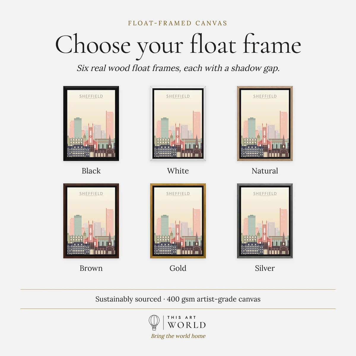 Sheffield city skyline art print, float frame colour options for the framed canvas