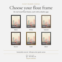 Sheffield city skyline art print, float frame colour options for the framed canvas