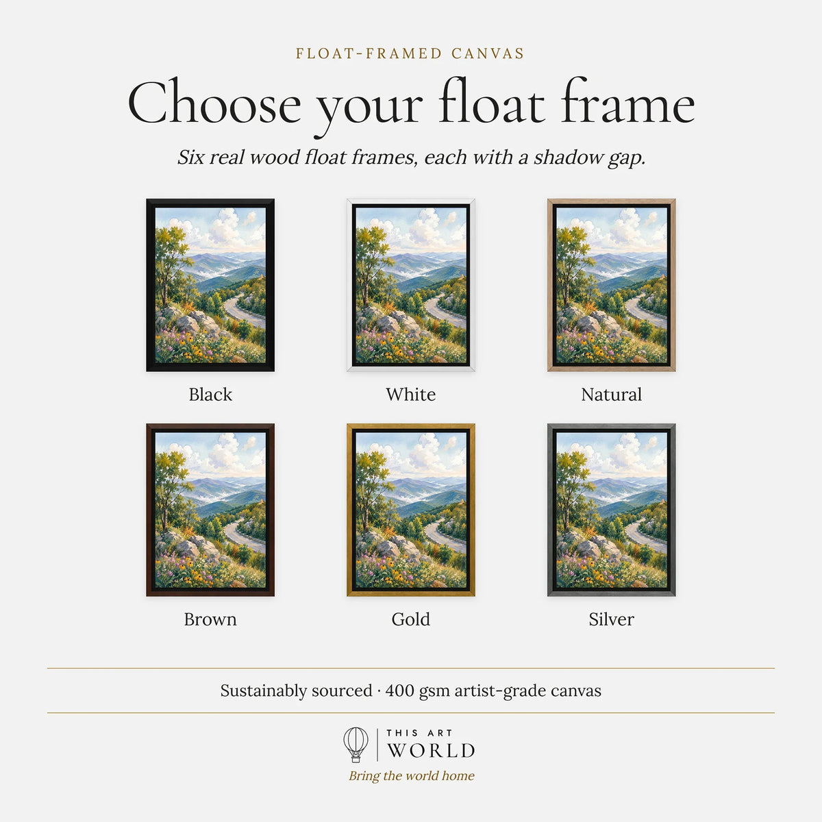 Shenandoah National Park Skyline Drive and Blue Ridge watercolour art print, float frame colour options for the framed canvas