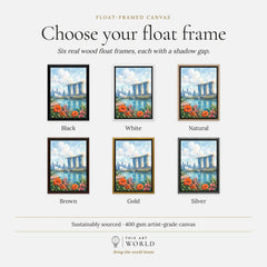 Singapore Marina Bay Sands skyline watercolour art print, float frame colour options for the framed canvas