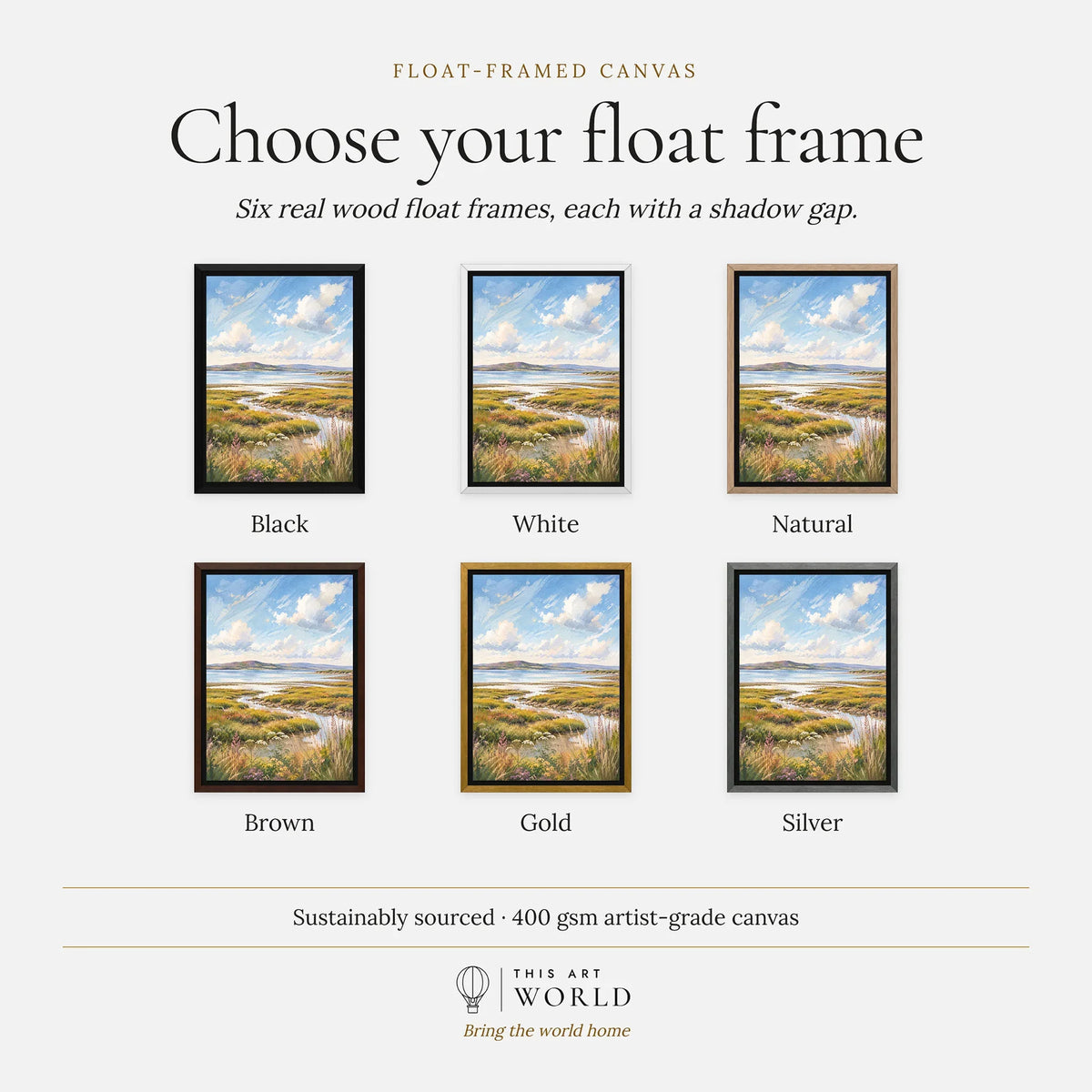 Solway Coast salt marsh estuary watercolour art print, float frame colour options for the framed canvas