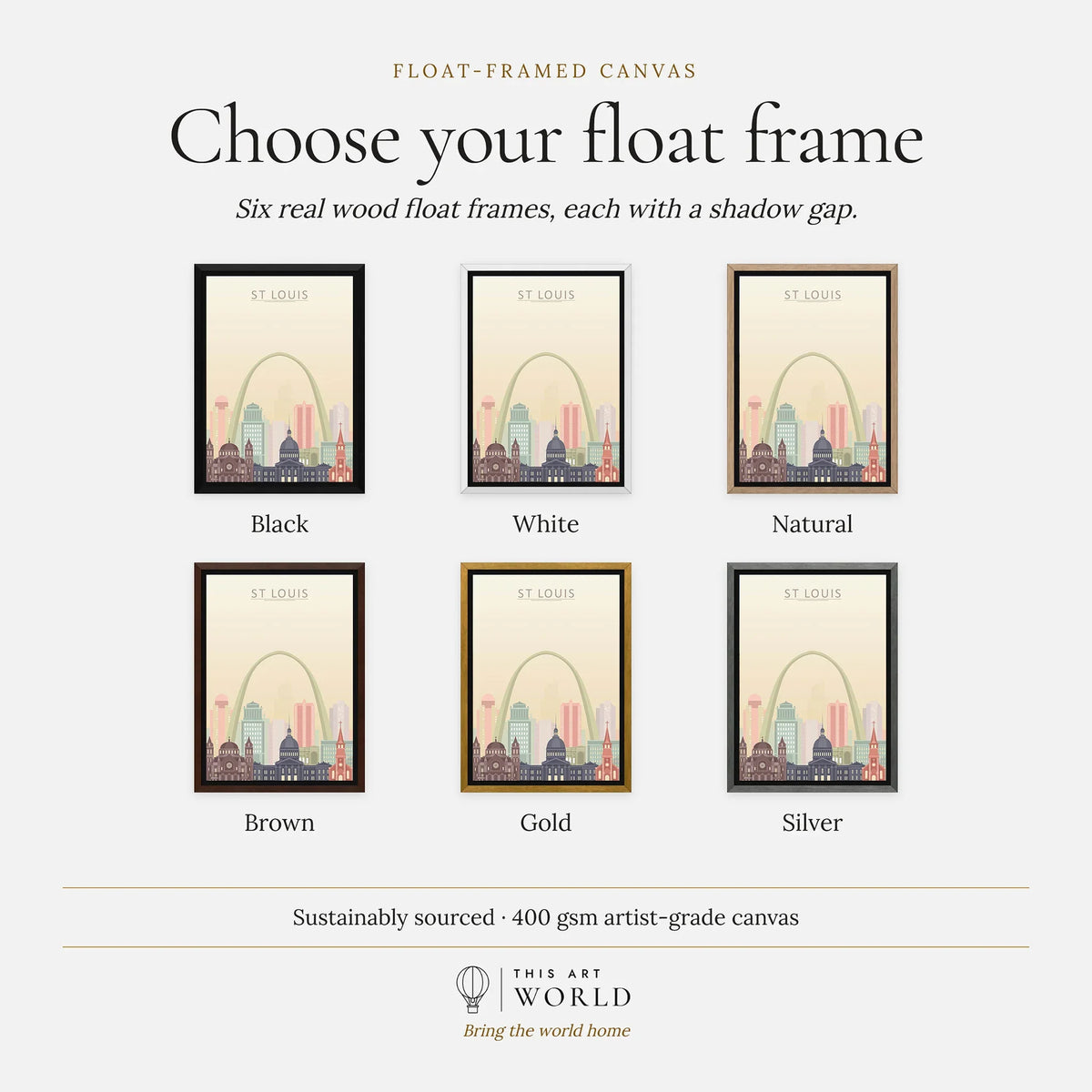 St Louis city skyline art print, float frame colour options for the framed canvas