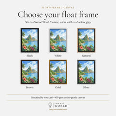 St Lucia the Pitons and bay watercolour art print, float frame colour options for the framed canvas