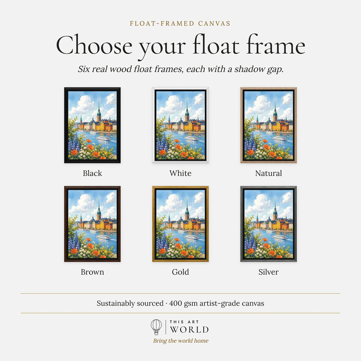 Stockholm Gamla Stan waterfront watercolour art print, float frame colour options for the framed canvas