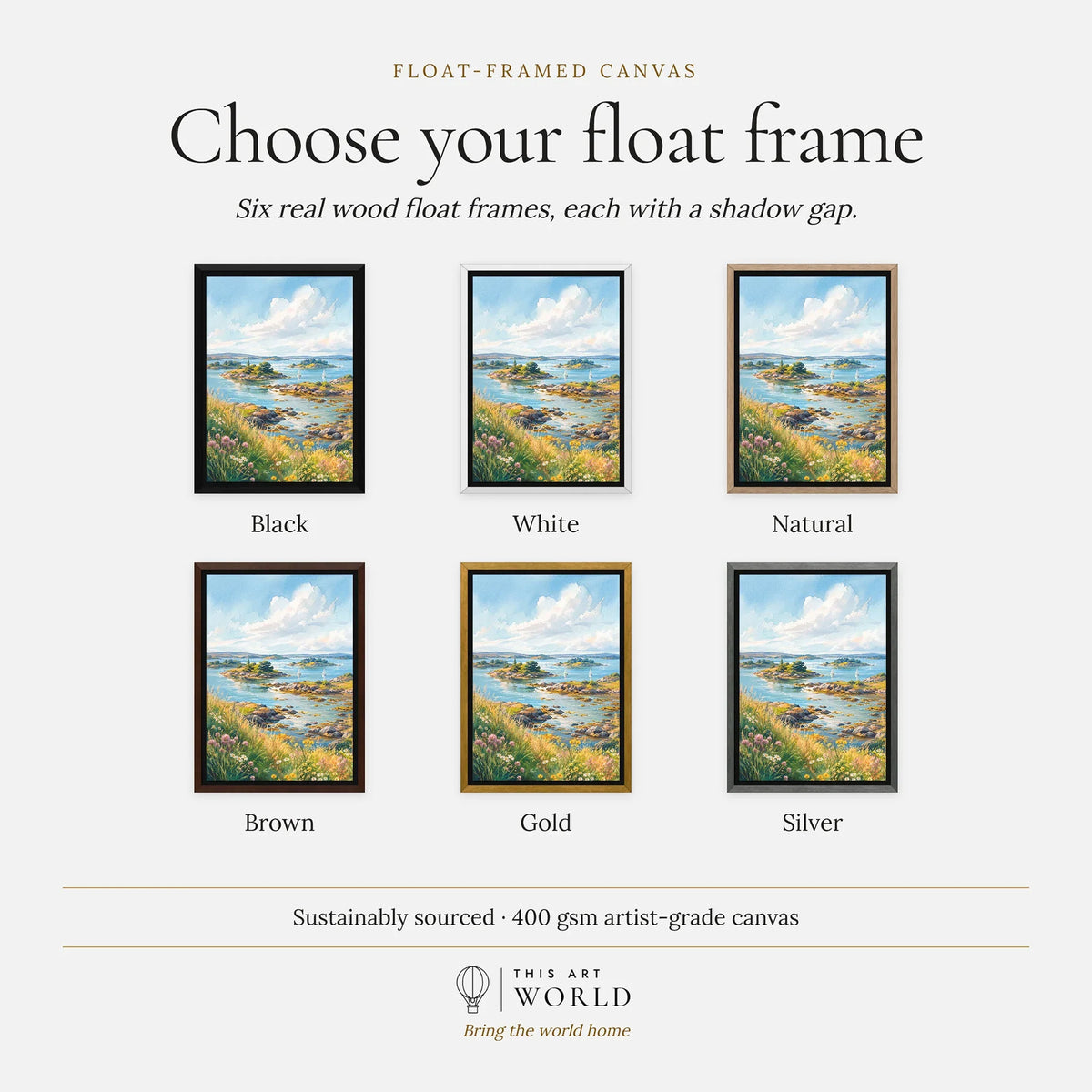 Strangford Lough islands and sailing boats watercolour art print, float frame colour options for the framed canvas