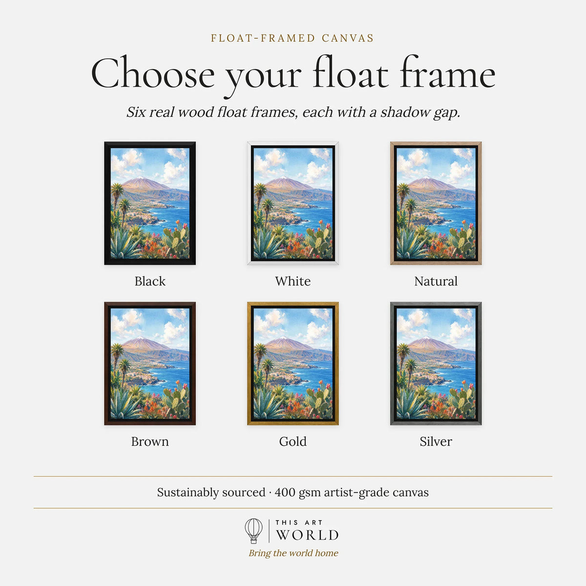 Tenerife Mount Teide and coast watercolour art print, float frame colour options for the framed canvas