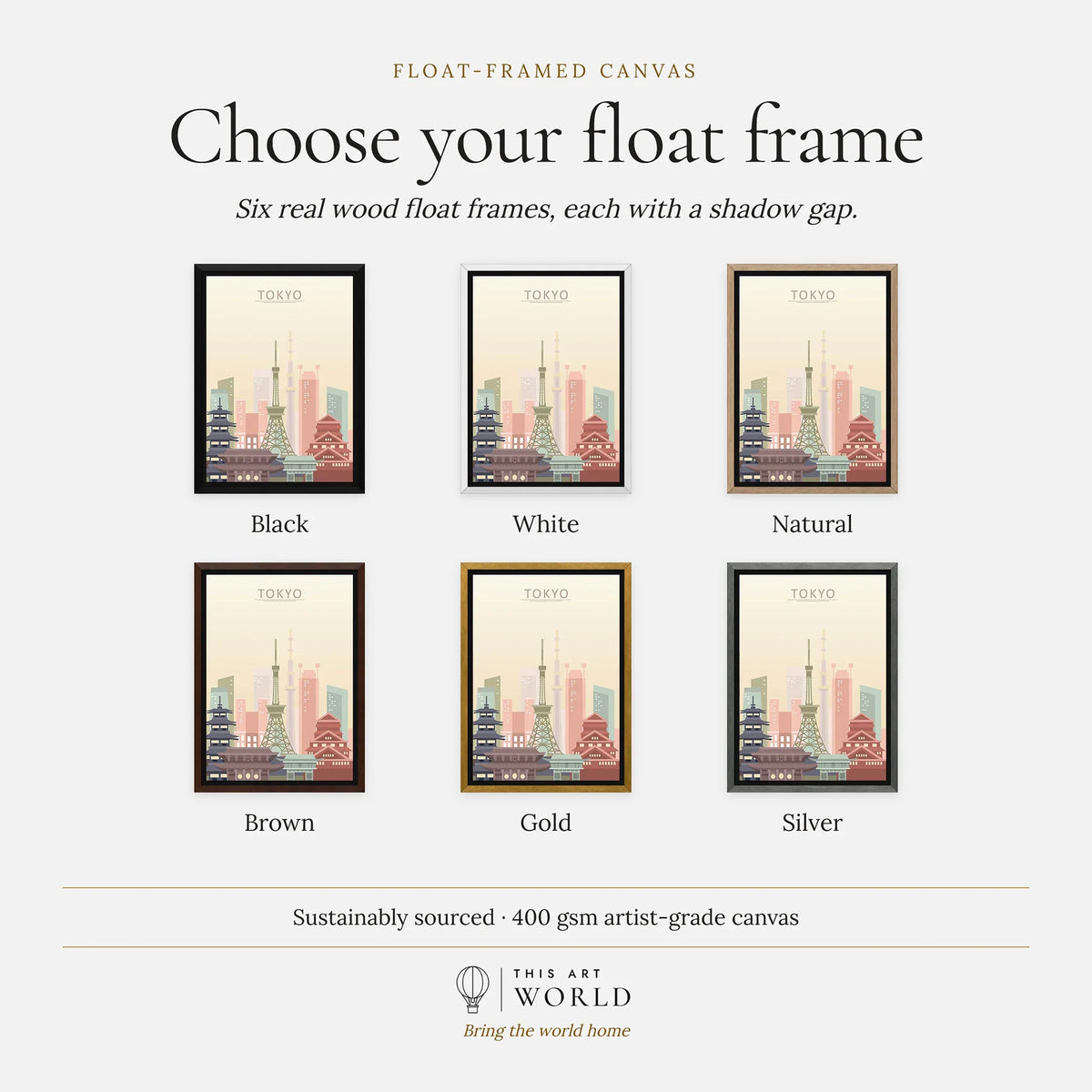 Tokyo city skyline art print, float frame colour options for the framed canvas