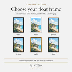 Tulum Mayan ruins above the beach watercolour art print, float frame colour options for the framed canvas