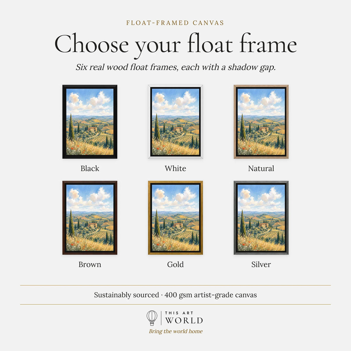 Tuscany rolling hills and cypress trees watercolour art print, float frame colour options for the framed canvas