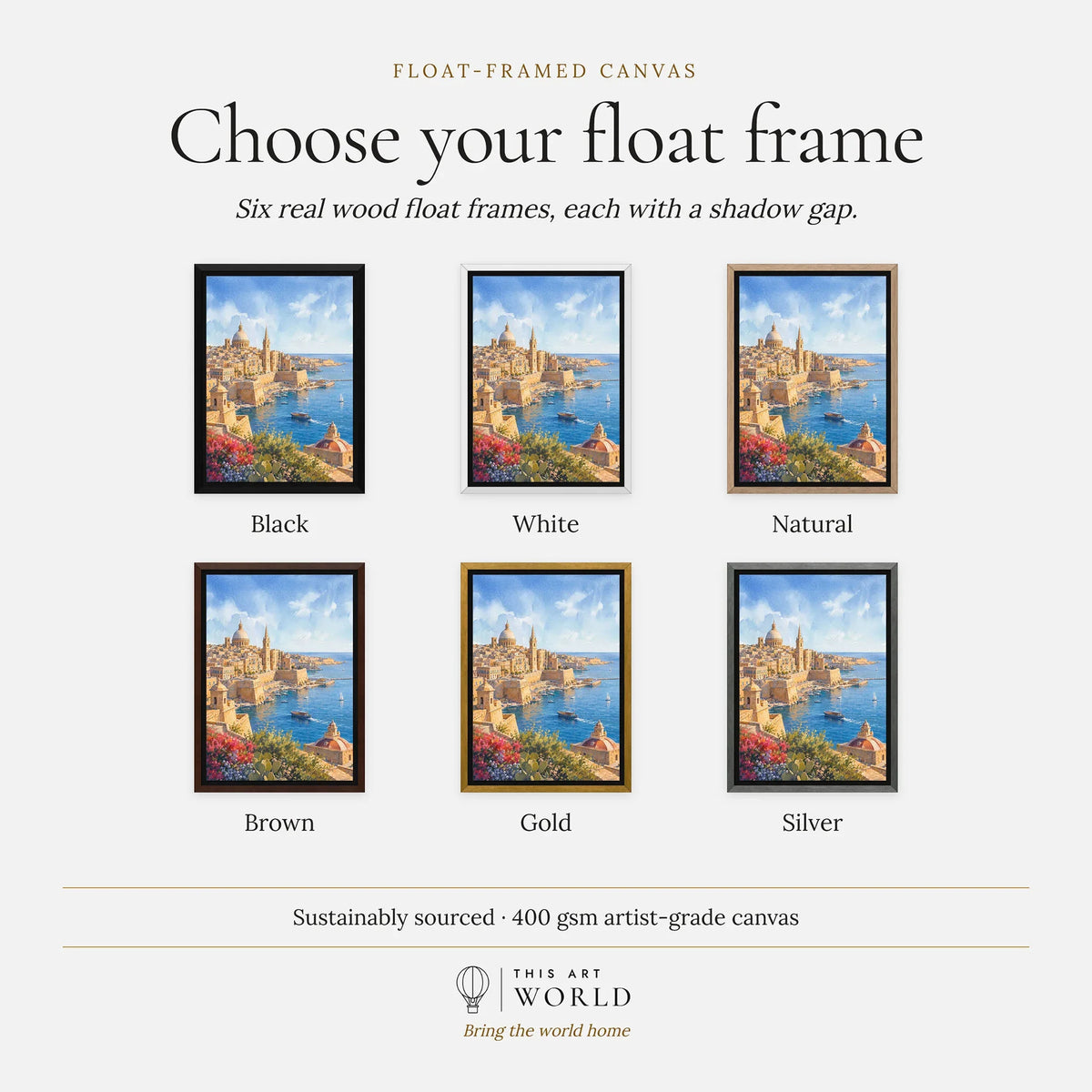 Valletta Grand Harbour and domes watercolour art print, float frame colour options for the framed canvas