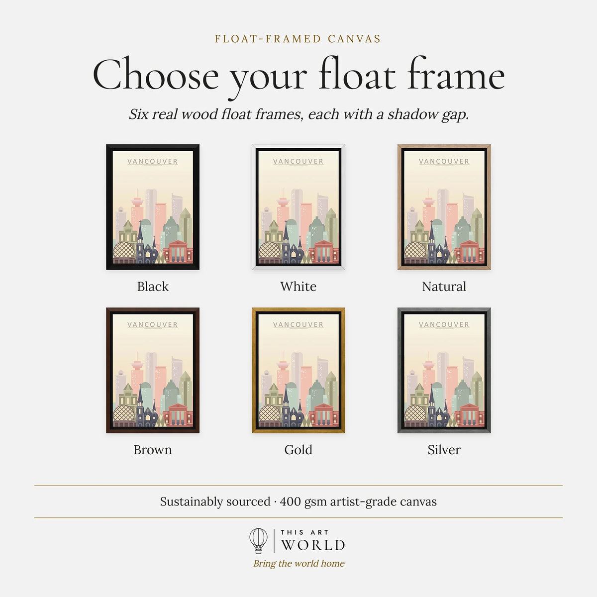 Vancouver city skyline art print, float frame colour options for the framed canvas