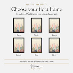 Vancouver city skyline art print, float frame colour options for the framed canvas