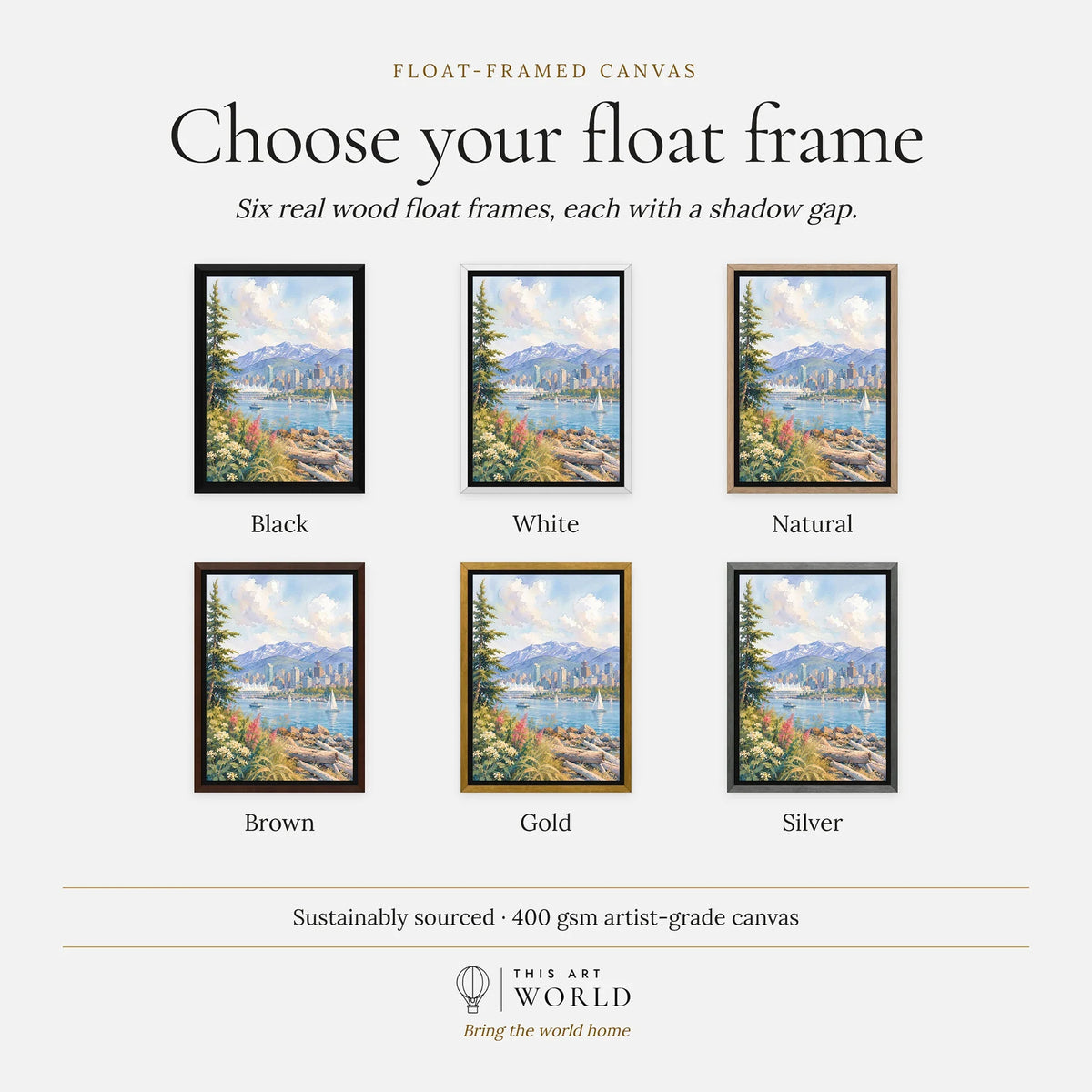 Vancouver harbour and North Shore mountains watercolour art print, float frame colour options for the framed canvas