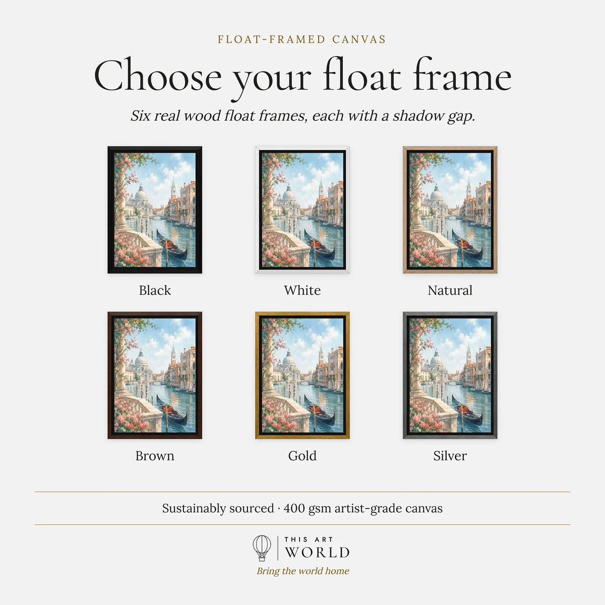 Venice Grand Canal, Salute dome and gondola watercolour art print, float frame colour options for the framed canvas