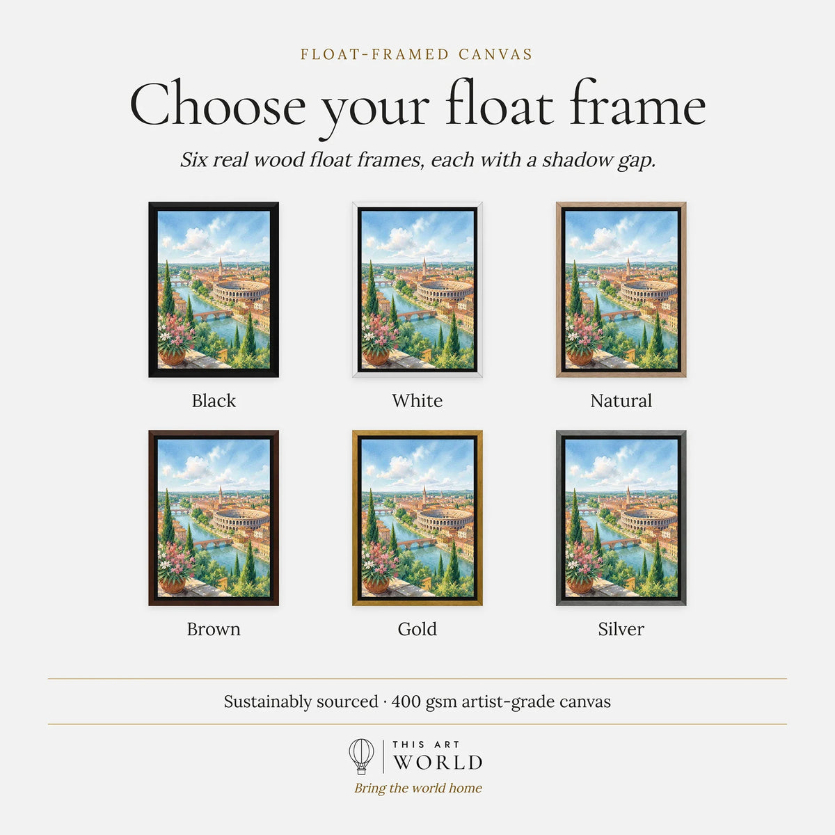 Verona Arena and Adige river watercolour art print, float frame colour options for the framed canvas