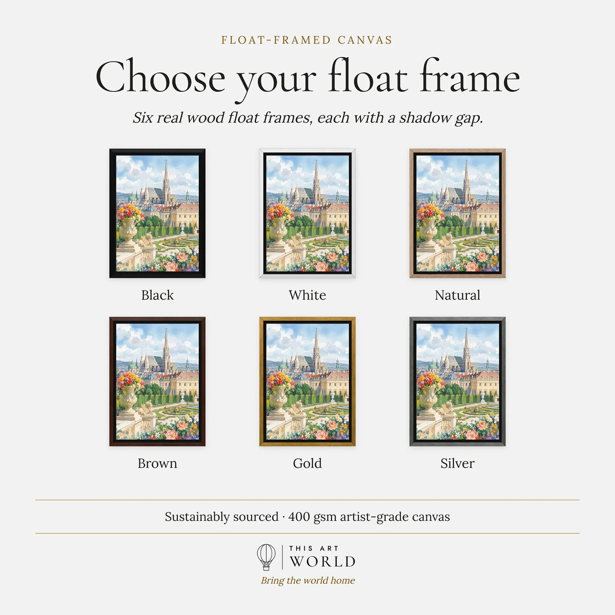 Vienna St Stephen's Cathedral and palace gardens watercolour art print, float frame colour options for the framed canvas