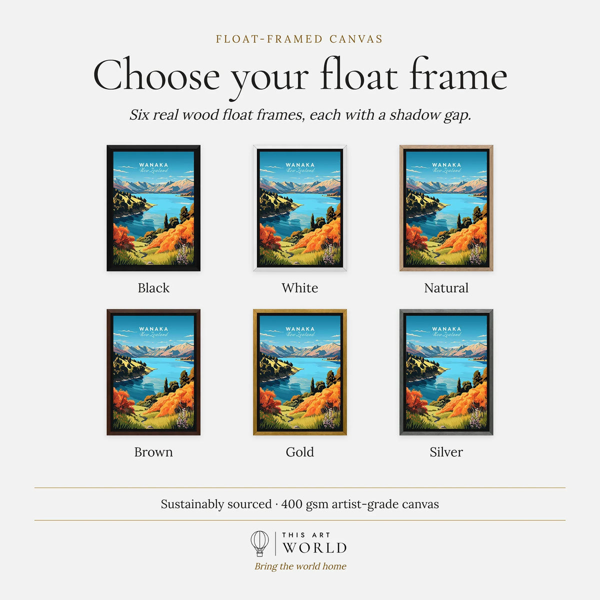 Wanaka Travel Print - framed canvas float frame colour options