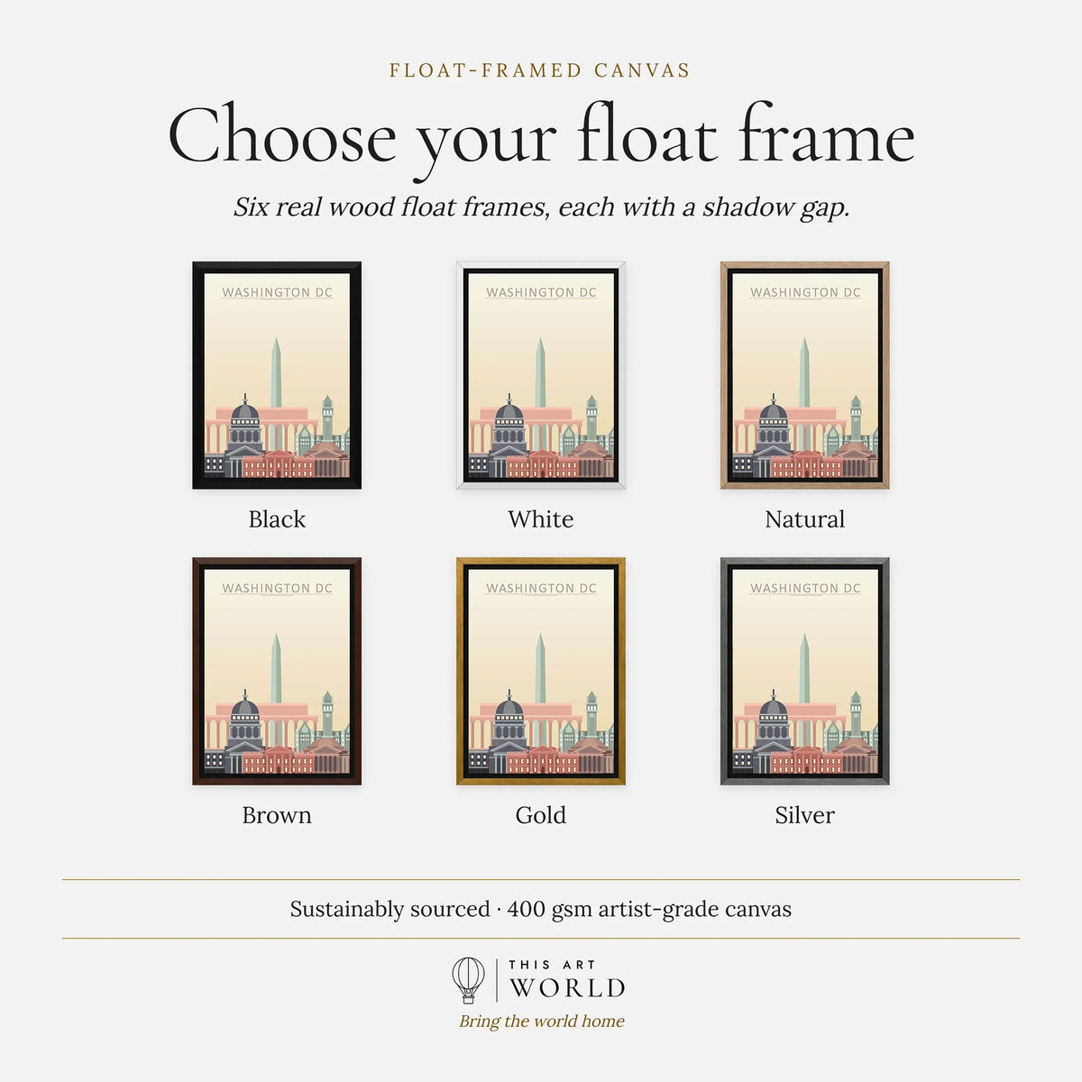 Washington DC city skyline art print, float frame colour options for the framed canvas