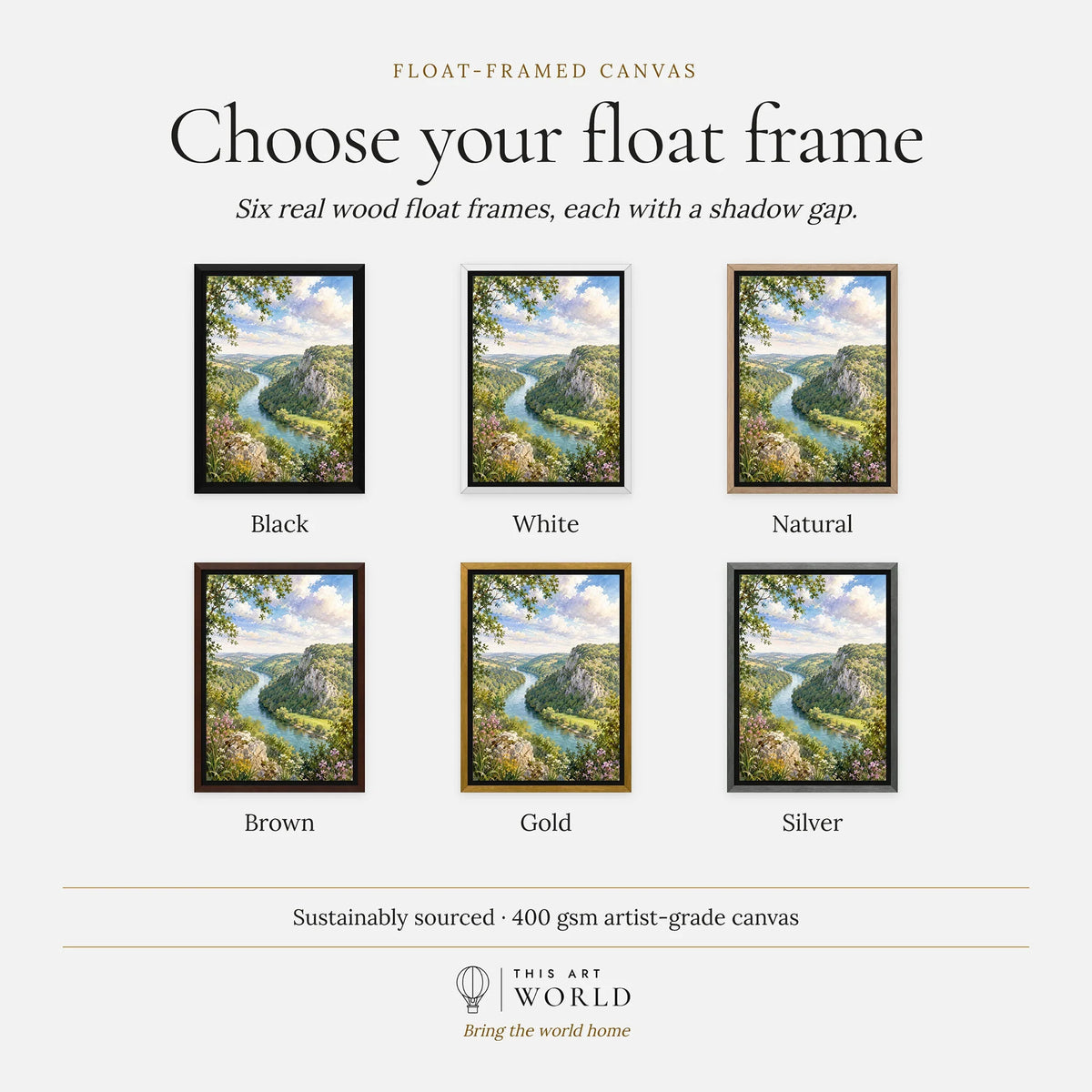 Wye Valley river and limestone cliffs watercolour art print, float frame colour options for the framed canvas